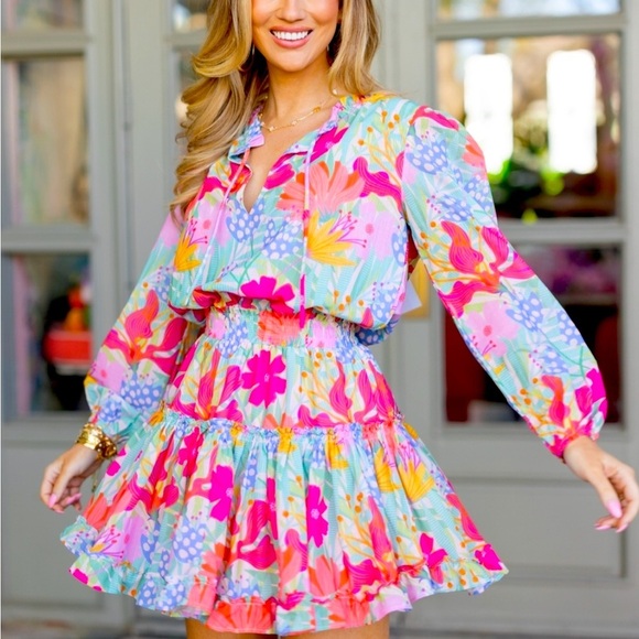 Sincerely Ours Freya Dress floral colorful mini full skirt long sleeve small - Picture 1 of 7